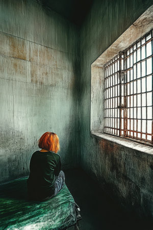 A female intimate with short hair sits quietly on her cot in a dim prison cell. She stars blankly at the wall appearing lost in thought as sunlight filters through the barred window.の素材