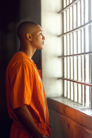 A prison warden stands with hands behind his back in his office observing the prison yard. Light filters through the barred windows casting shadows in the dimly lit room.の素材