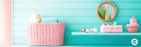 This bathroom showcases a refreshing coastal theme with light blue walls seashell accents and a charming porthole style mirror. Soft towels and decor complete the seaside atmosphere for relaxation.の素材