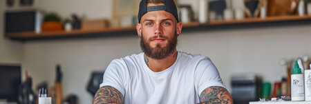 A tattoo artist works intently on a clients arm applying colorful ink in a cartoon style. The artist showcases skill and commitment surrounded by a creative environment.の素材