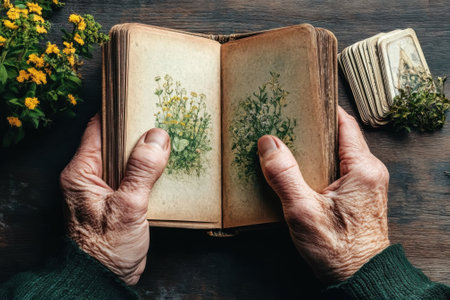 Hands are holding an open tarot guidebook filled with illustrations while a tarot card deck rests nearby. Natural elements like flowers add to the serene atmosphere creating a mystical vibe.の素材