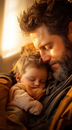 A father gently rocks his newborn while singing soothing lullabies. The warm evening light creates a soft atmosphere highlighting their emotional connection and tenderness.の素材