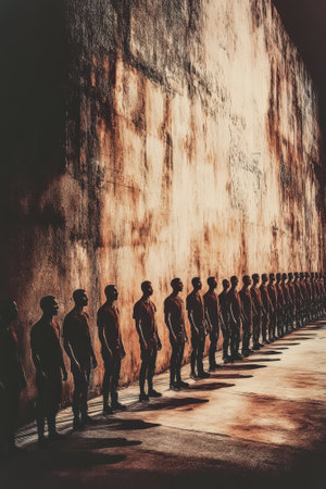 A row of prisoners steps in unison in a dark prison yard. Guards closely observe them every move. The atmosphere is tense amidst the solid shadowed background highlighted by stark lighting.の素材