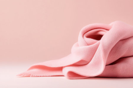 A delicate cashmere scarf is neatly arranged on a soft light colored surface. The fabric exhibits a subtle texture and gentle drape embodying minimalist elegance. Ideal for showcasing cozy luxury.の素材
