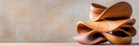 Smooth wooden sculptures arranged symmetrically showcase organic curves and minimalist aesthetics on a warm mocha toned surface creating a striking visual composition that invites admiration.の素材