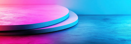 Neon blue and pink geometric shapes radiate light on a smooth glossy surface creating a captivating and dynamic abstract design with ample space for text.の素材