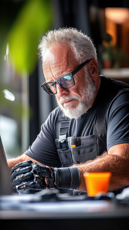 An elderly man is carefully adjusting his prosthetic arm in a well lit home setting. He appears focused reflecting on his experience as he seeks comfort with the device in front of a mirror.の素材