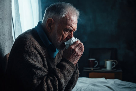 A sick elderly man coughing into a tissue sits on his bed in a dimly lit room. His frail posture and tired expression reflect his discomfort and vulnerability.の素材