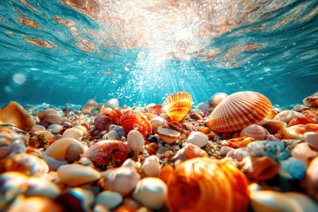 Underwater shot reveals a vibrant array of shells and pebbles on the ocean floor beautifully lit by sunlight filtering through the water creating a serene inviting atmosphere.の素材