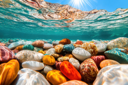 A vibrant array of pebbles visible underwater catches sunlight creating striking reflections. The shallow water allows for a clear view of the colorful stones and their unique textures.の素材