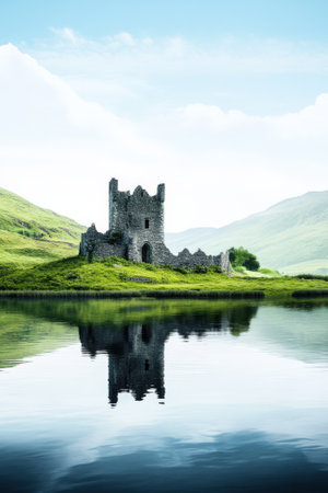 An old Scottish castle stands majestically on the edge of a tranquil lake with rolling green hills rising in the background.の素材