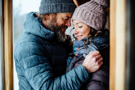 A man lovingly assists his wife to put on a warm jacket before they head outside. The soft natural light enhances their intimate moment filled with warmth and affection on a cold day.の素材