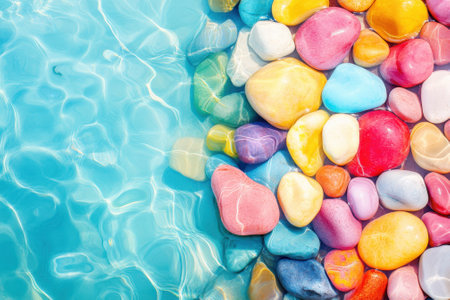 A vibrant arrangement of colorful pebbles lies submerged in shallow water. Sunlight refracts through the clear water creating a dazzling display of colors.の素材