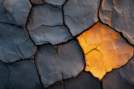 Overhead view captures the intricate details of cracked lava rock. Bright sunlight enhances the textures revealing natural patterns and colors of this unique geological formation.の素材