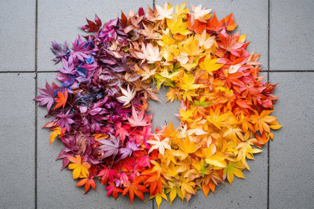Colorful autumn leaves of various shades are arranged in a beautiful circular pattern on wet pavement. The vibrant colors stand out against the smooth gray surface capturing the essence of fall.の素材