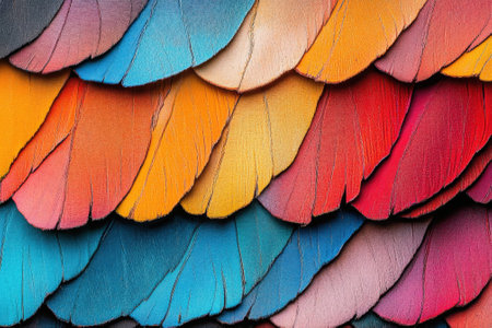 Close up view reveals the stunning scales of a butterfly wing with a blend of vibrant colors showing intricate patterns and textures. The image presents beautiful color contrasts and fine details.の素材