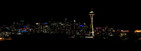 Seattle Panorama Skyline at night with Space Needle USA Washington City Landmarksのeditorial素材