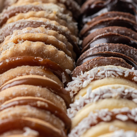 Close up view of a selection of different types of cookies in a box.の写真素材