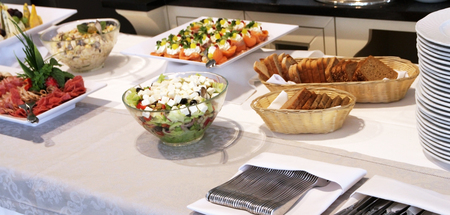 Table cutlery, appetizer, bread, salmon; and cheese plates