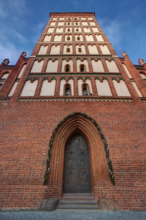Old catholic church as seen from below the eyes frog on a blue skyの写真素材
