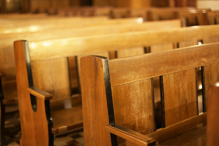 Wooden benches in an old Christian church