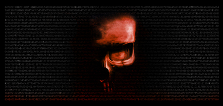 human skull looking straight at you on a black background with numbers with a red, partial colorの写真素材