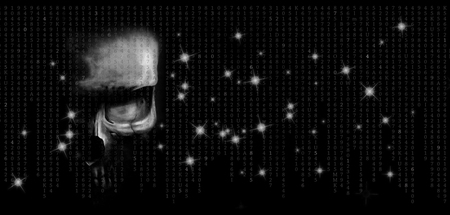 human skull looking straight at you on a black background with numbers and flashes of starsの写真素材
