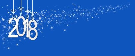 white inscription year 2018 hanging on ribbons with bows on a blue background with white, shining stars and snowflakesの写真素材