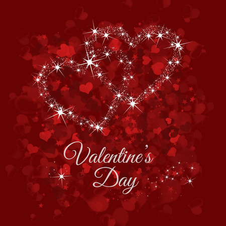 Valentine's Day lettering on a background made of red hearts and with two hearts formed of glittering stars - diamondsの写真素材