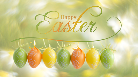 Wooden rabbit with beads around neck and single green, colorful egg - Easter eggの写真素材