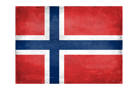 Norwegian flag with traces of use in battle and destruction from difficult warfareの写真素材