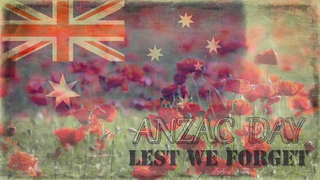 Destroyed flag Australian on the background of poppies - ANZAC Dayの写真素材