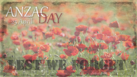 The inscription ANZAC Day and Lest We Forget against the background of a field of red poppiesの写真素材