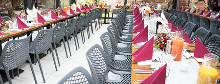 A table set to be accepted with red napkinsの写真素材