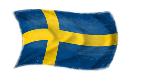 The Swedish flag waving from the wind, proudly waving in the wind with traces of use in battle and destruction from difficult warfareの写真素材