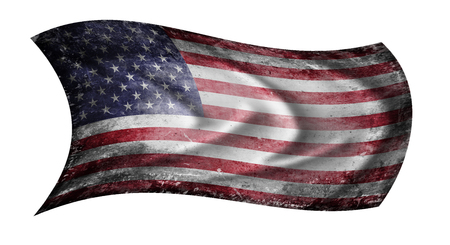 The US flag waving from the wind, proudly fluttered in the wind with traces of use in battle and destruction from difficult warfareの写真素材