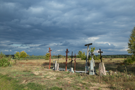 Remains of the cemetery crosses in eastern Poland in Jelonkiのeditorial素材