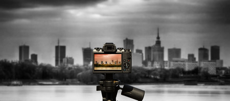 Panorama of Warsaw with modern skyscrapers and Palace of Culture and Science made on the Vistula Riverの写真素材