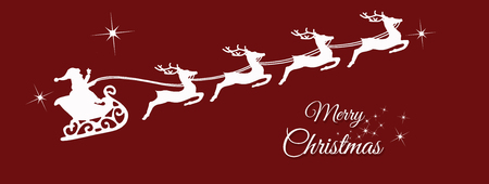 Santa's sleigh pulled by four reindeers on a red background with stars and the Merry Christmas inscriptionの写真素材