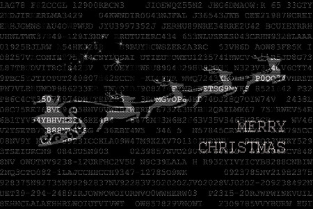 Santa's sleigh pulled by four reindeers on a black background with digits of an old computer monitor and Merry Christmas inscription - uniqueの写真素材