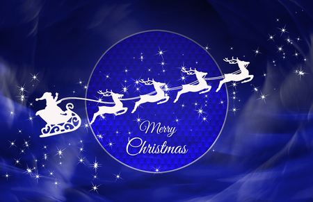 Santa's sleigh pulled by four reindeers on a blue shaded background with a blue quilted wheel and Merry Christmas letteringの写真素材