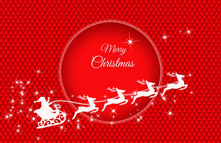 Santa's sleigh pulled by four reindeers on a red, quilted background with a red, shaded wheel and the Merry Christmas inscriptionの写真素材