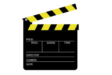 Classic, black film slate, with yellow stripes and a white table and description - drawingの写真素材