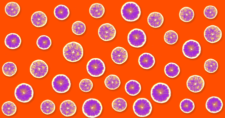 Background with pink lemons on a red, strawberry backgroundの写真素材