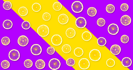Background from pink lemons on a yellow - purple background (in stripes)の写真素材