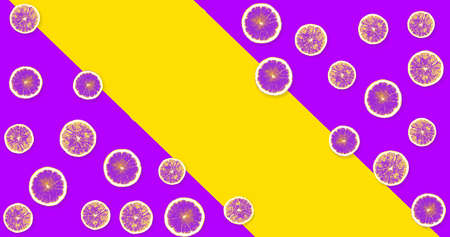 Background from pink lemons on a yellow - purple background (in stripes)の写真素材