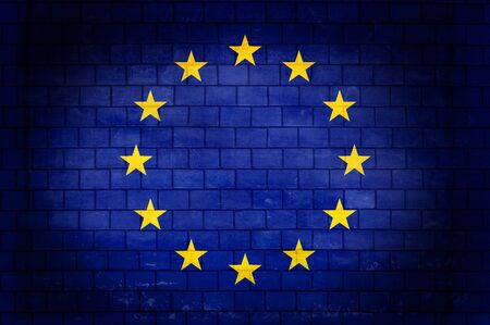 European Union flag painted on an old brick wallの写真素材