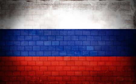 Russian flag painted on an old brick wallの写真素材