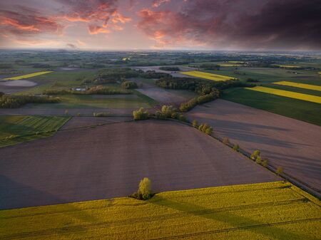 Aerial view of green farmland photographed before sunsetの写真素材