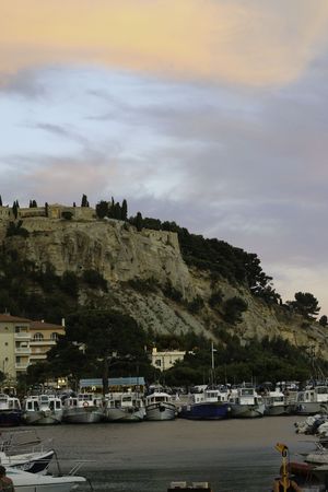 Sunset over the port of Cassis in the south of Franceの写真素材